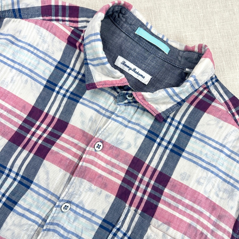 Tommy Bahama Shirt Mens XL Red Blue Plaid Tropical Cotton Short Sleeve EUC